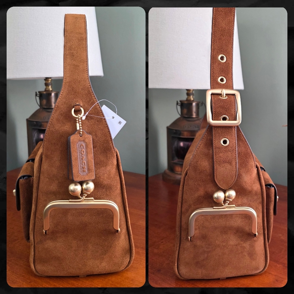 Coach CDZ13 Turnlock Haversack Brown Suede Brass Shoulder Bag NWT - Picture 2 of 16